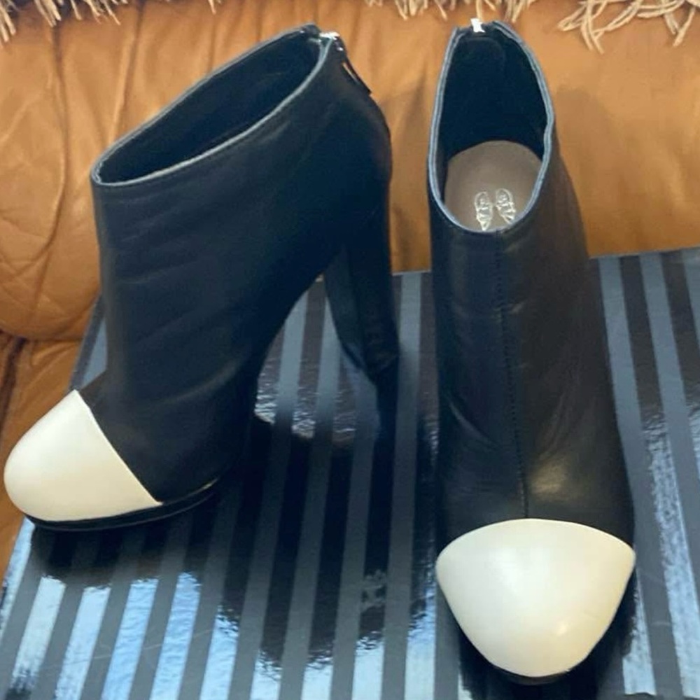 Black Leather Booties with White Toe size 9